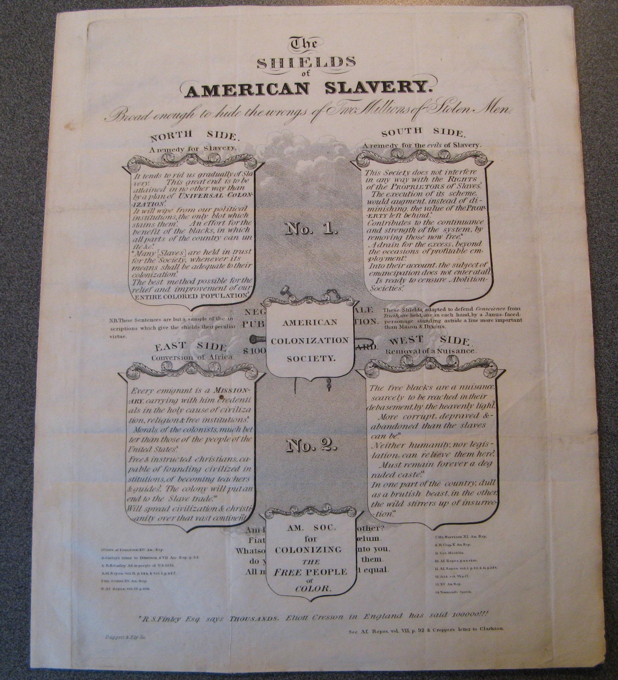Shields of Slavery condemnation of American Colonization Society